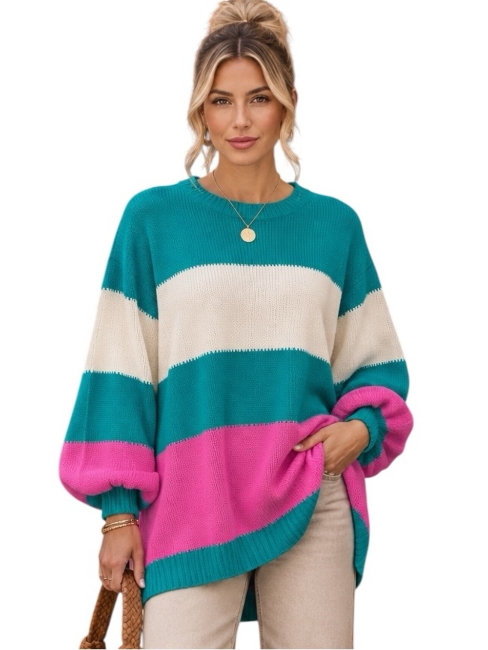 Umgee Turquoise ivory Pink Color Block Long Ballon Sleeve Knit Sweater